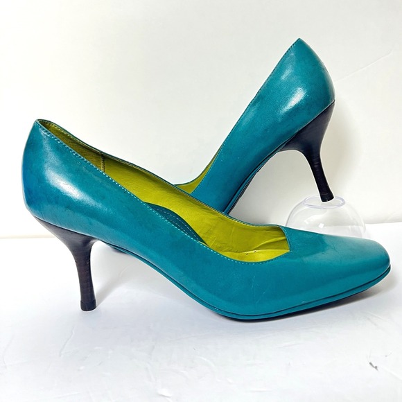AEROSOLES Shoes - Aerosoles Signature Teal Leather Square Toe Mid Heel Pumps Women's Size 7B